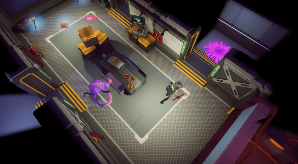 A player running away from a alien in the armory.