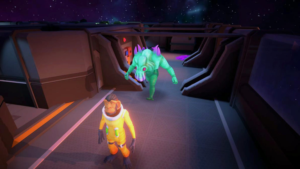 A player running away from an alien.