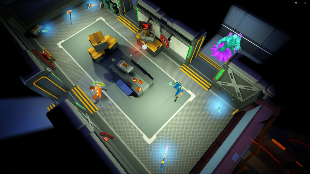 Two players inside the armory while an alien is transforming.